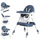 Baby High Chair, 5 in 1 High Chairs for Babies and Toddlers, Travel Foldable High Chair with Foot Rest, Detachable PU Cushion, Double Removable Tray, Adjustable Height & Recline, Locking Wheels
