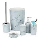 LIVIVO Stylish 6pc Bathroom & Sink Accessory Set - Modern Vanity Organiser Kit Include Tumbler, Toothbrush & Toilet Brush Holder, Lotion Dispenser, Soap Dish & Trash Bin (White Marble)