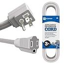 Heavy Duty Appliance Extension Cord, 14 AWG - 3 Prong Grounded Flat Plug, Gray Power Wire for Indoor Air Conditioner and All Major Appliances, 15 Amps, 1875W, ETL Listed. (3 Ft)