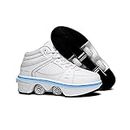 KOFUBOKE 2-in-1 Roller Skates & Sneakers Unisex Retractable Wheels Outdoor Fun & Fitness Kick Roller Shoes (High-top White with Light, 8.5)