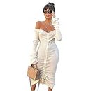 “N/A”Europe and The United States Off-The-Shoulder Long Sleeves in The Long-Term Pure-Color Draw Rope Foreign Trade Autumn and Winter New Women's Dress Amazon Blast Dress White.