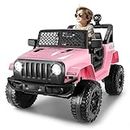 Hikole 12V Ride On Car Truck for Kids, Electric Jeep Toys w/Remote Control, Kids Car to Drive w/LED Lights, Bluetooth, 3 Speeds, Music & Horn, Pink