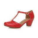 Womens Ladies mid Block Heel t-bar Cut Out Buckle Brogue Shoes Sandals, Red Matte, 6 UK