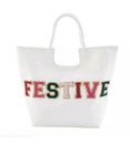 Mud Pie Large White Christmas Tote Cotton Chenille Glitter Patch FESTIVE Wording