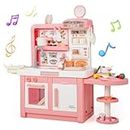 COSTWAY Kids Kitchen Playset, Pretend Cooking Toy with Real Sounds & Light, Steam, Running Water, 49 PCS Accessories, Role Play Kitchens for Boys Girls (Pink)