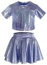 FEOYA Kids Girls Metallic Shirt with Shiny Skirts Hip Hop Tops Sequin T Shirts Modern Jazz Dance Party Performance Costume Blue 10-11Y