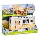 Bluey's Caravan Adventure Playset Flip and Fold Out Feature Kitchen and Camp Beds including 2.5 Inch Jean Luc Articulated Action Figure and Camp Fire Accessories