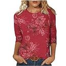 3/4 Length Sleeve Womens Tops Dressy Casual Printed Crewneck Shirts Fall Fashion 2023 Tshirts Loose Fit Work Blouses, Womens Fashion 3_red, Medium