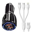 30W Car Charger for Apple iPhone 6s Plus Dual USB Port Car Charger High Speed Quick QC 3.0 Smart with 1.2m 3-in-1 Multi Cable Micro USB Android iOS Type-C USB Cable (Black, SE.I2)