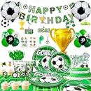 Football Theme Party Supplies, 181pcs Soccer Party Decoration Set - Soccer Plates Cups Napkins Table Cover & Soccer Foil Balloon Banner Cake Topper Keychain Whistle etc Soccer Party Supplies