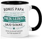 Joymaking Tasse mit Spruch - Bonus Papa - Kaffeetasse lustig Vatertagsgeschenk/Geschenkidee Geburtstag für Papa/Stiefvater Geschenk, Spülmaschinenfest Tasse, 11oz Schwarz