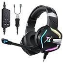 targeal 7.1 Surround Sound Gaming Headset for PS4 PS5 Switch PC Laptop Tablet Mobile, Over Ear Wired USB Gaming Headphones with Omni-Directional Noise Canceling Mic, RGB LED Light
