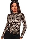 Dream Beauty Fashion Women's Mock High Neck Leopard Print Full Sleeve Top Slim Fit (Empire-Cheetah Black-XS)