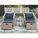 DEVOKO 5 Pieces Patio Wicker Rattan Furniture Conversation.Set with Coffee Table (Furniture Color Silver Gray and Cushion Color Navyblue)