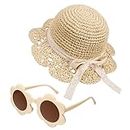 Partideal Baby Girls Summer Straw Hat Kids Lace Bowknot Sun Protection Hats Toddler Summer Sun Cap with Bow and Flower Sunglasses Beige