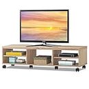 COSTWAY TV Schrank rollbar, Fernsehschrank Holz, 150 x 32 x 40 cm, TV Lowboard mit 5 offenen Fächern, Fernsehtisch mit Rädern für TVs bis zu 60 Zoll (Natur)