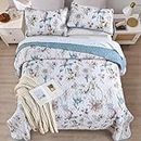 WONGS BEDDING Queen Quilt Set Blue, Reversible Floral Bedspread, Soft Lightweight Coverlet Set with 2 Pillowcases, Botanical Design Quilt Bedding Set for All Season (90"×96")
