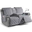 TAOCOCO Loveseat Recliner Cover with Center Console, 100% Waterproof Pet Cover for Dual Recliner with Straps Design, Split Reclining Loveseat Cover Furniture Pet&Kids Protector (2 Seater, Gray)
