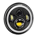 Thump 75W Round LED Harley Style Headlight with Full Ring Hi/Lo Beam and Halo Angel Eyes for Motorcycle Cars and Bikes (White, Amber Yellow, 7 Inch)