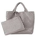 Woven Bag for Women Large Tote Bag with Clutch PU Leather Handwoven Beach Bag Satchel Handmade Casual Purses 2023, Silver Grey, One Size