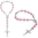Konohan 2 Pieces Car Rosary Pink Rose Rearview Mirror Auto Rosary Religious Car Mirror Hanging Accessories Rose Lourdes Medal and Cross for Car Personalized Protection Charm for Auto Decors