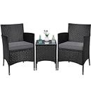 Yaheetech 3-Piece Patio Furniture Set, Patio Conversation Set PE Wicker Chairs w/Coffee Table & Cushions for Outdoor/Indoor/Backyard/Porch - Black/Grey
