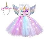 Costume Dress LED Light Up Skirt Kids Tutu Sequin Halloween Unicorn Onesies for Girls with Headband Birthday Outfit with Wings Princess Party Favor Pink 8 Years