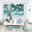 Yizheer Merry Christmas 4Pcs Winter Maple Shower Curtain Sets with Non-Slip Rugs, Toilet Lid Cover and Bath Mat, Haunted House Waterproof Shower Curtains Bathroom Decor Set Merry Christmas Decor