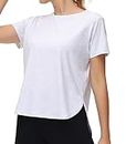 THE GYM PEOPLE Women's Workout T-Shirts Loose Fit Short Sleeve Cotton Running Basic Tee Tops with Split Hem Heather White