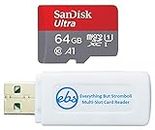 SanDisk Ultra 64GB MicroSDXC Memory Card Works with Motorola Phone Moto E30, Moto G pure, Moto G51 (SDSQUA4-064G-GN6MN) UHS-I C10 A1 Bundle with (1) Everything But Stromboli MicroSDXC & SD Card Reader