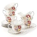 Pumtus 6 Pack Tea Cups and Saucers, 8 OZ Ceramic Coffee Cup Set with Spoon, Royal Floral Teacups with Gold Trim, Vintage Rose Cappuccino Mug for Latte Mocha Espresso for Tea Party, Cafe
