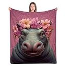 ALIFAFA Hippo Blanket, Cute Hippo with Floral Flowers on Head Pink Blanket, Cute Hippo Gifts for Girls Kids, Soft Plush Hippo Throw Blanket for Hippo Lovers, Christmas Birthday Gift Ideas,50"x40"