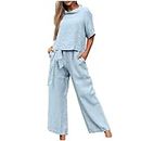 Best Deals On Amazon Today Women's Linen Sets 2 Piece Casual Slouchy Matching Lounge Sets Half Sleeve Shirt and Pants Sweatsuit Set Tracksuit Outfits Streetwear