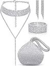 Quelay 4 Pieces Women Crystal Jewelry Set Rhinestone Tassel Necklace Stretch Bangle Bracelet Crystal Dangle Fringe Earrings and Rhinestone Handbag for Wedding Party (Silver,Medium)