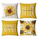 Sunflower Pillow Covers 18x18 Set of 4 Summer Throw Pillow Covers Yellow Flower Pillow Covers Cushion Covers Square Cotton Linen Pillow Cases for Couch Sofa Patio Outdoor Home Decorations(18 Inch)