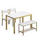soges 4 Pieces Dining Table Set, White Faux Marble Table Set for 4, 43.3 inch Dining Set with 2 Chairs and Bench with Storage Rack, Nesting Furniture Set for Dining Room, Kitchen, 10FJGSCZ1008GL-CA