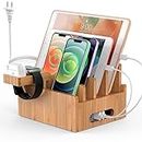 Bamboo Charging Station for Multiple Devices with 5 Port USB Charger, 6 Charger Cables,Watch and Earbud Stand; Pezin & Hulin Desk Wood Docking Stations Electronic Organizer