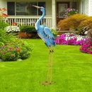 Large Standing Blue Metal Crane Garden Statue- Indoor/Outdoor Heron Garden