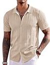 COOFANDY Men's Knit Shirts Short Sleeve Button Up Polo Shirt Fashion Casual Summer Beach Shirts, Apricot, X-Large