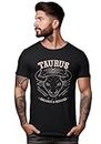 Peppyzone Men's Regular Fit Taurus Zodiac Sign Printed Pure Cotton T Shirt for Men (S, Black)