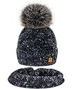 MFAZ Morefaz Ltd Set Mütze & Schal Winter Damen Alpaka Wolle Beanie Strickmütze Wurm Fleece Bommel Pom Pom (Black Set Hat&Scarf)