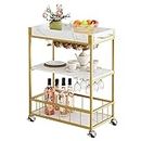 Fleecy day Bar Cart Gold,Bar Carts for The Home Mobile Bar Serving Cart, Drink Cart, Rolling Beverage Cart, Microwave Cart with Wine Rack and Glass Holder with Wheels and Metal Serving Trolley 34in