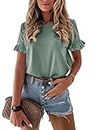 PRETTYGARDEN Women's Short Sleeve Casual T Shirts Summer Ruffle Plain Round Neck Loose Fit Tee Blouse Tops (Green,Medium)