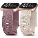 TOYOUTHS 2 Packs Compatible with Fitbit Versa/Versa 2 Watch Bands Women Soft Silicone Dressy Floral Engraved Sunflower Dandelion Pattern Strap for Versa Lite/Versa 2 Special Edition, Purple+Starlight