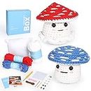 CROCHET BOX Crochet Kit for Beginners: 2 PCS Mushroom Starter Amigurumi Crochet Kit, Red & Blue, Include Soft Yarn, Step-by-Step Video Tutorials, Accessories, Gift for Adults Women