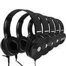 Classroom Headphones Bulk 5 Pack, Black Student On Ear, Comfy Swivel Earphones for Library, School, Airplane, Kids, for Online Learning and Travel, Noise Reducing, Stereo Sound 3.5mm Jack