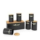 Kitchen Academy Storage Canister Set of 7 Pcs,Modern Metal Bread Box with Bamboo Cutting Board Lid,Tin Jar with Bamboo Lid,Black Tea Coffee Sugar Canisters