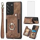 Phone Case for Samsung Galaxy S21 FE 5G Wallet Cover with Screen Protector and Wrist Strap Lanyard RFID Card Holder Ring Stand Cell Accessories S 21 EF S21FE5G UW S21FE 21S G5 6.4 inch Women Men Brown