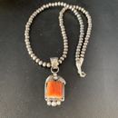 US Navajo Sterling Square Orange Spiny Oyster Necklace Pendant Native 20" 13639