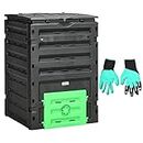 Outsunny Compost Bin, 120 Gallon (450L) Garden Composter with Gloves, 80 Vents and 2 Sliding Doors, Lightweight & Sturdy, Fast Creation of Fertile Soil, Black